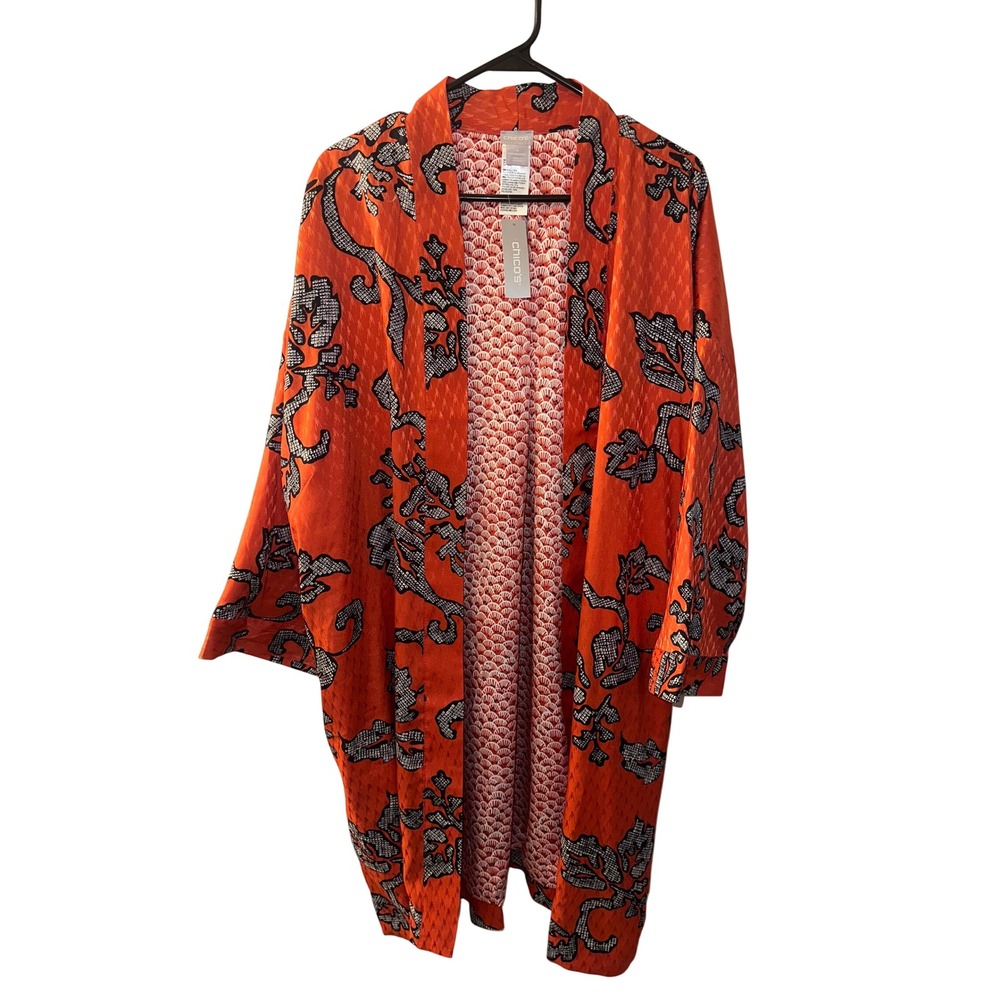 Chicos Orange Floral Kimono Topper Jacket Open Front Size 4 XL XXL New With Tags